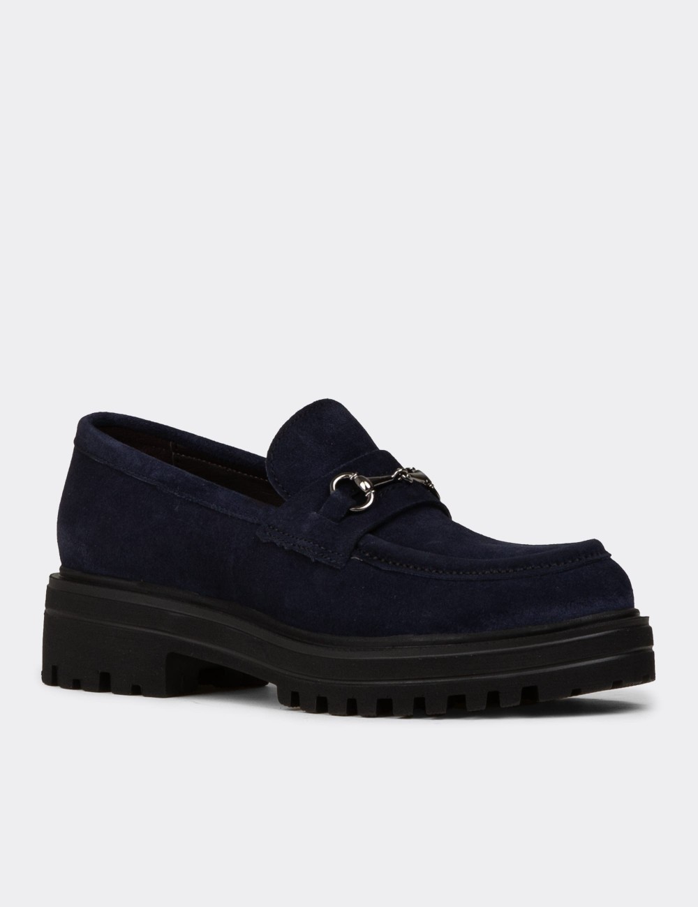 Women's Navy Suede Leather Moccasins - 02024ZLCVE01