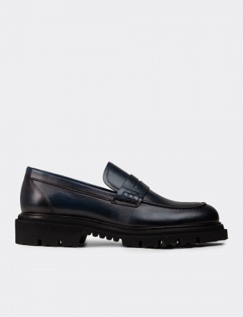 Men's Navy Leather Loafers