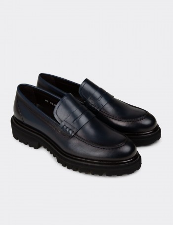 Men's Navy Leather Loafers