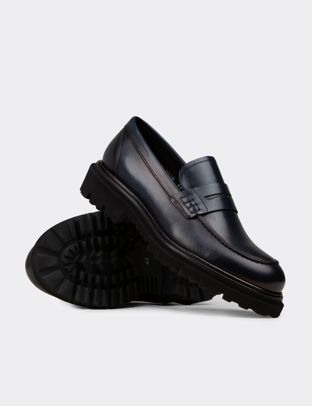 Men's Navy Leather Loafers - F6528MLCVP01