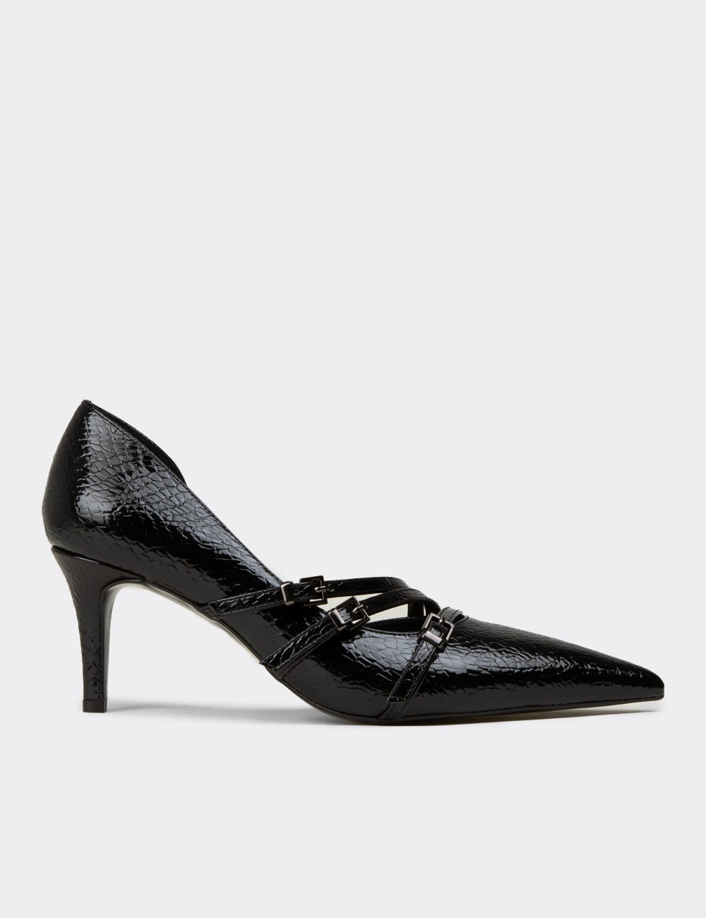 Women's Croc-Embossed Black Heels with Buckle Detail - V4009ZSYHM01