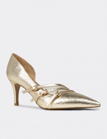 Women's Croc-Embossed Gold Heels with Buckle Accent