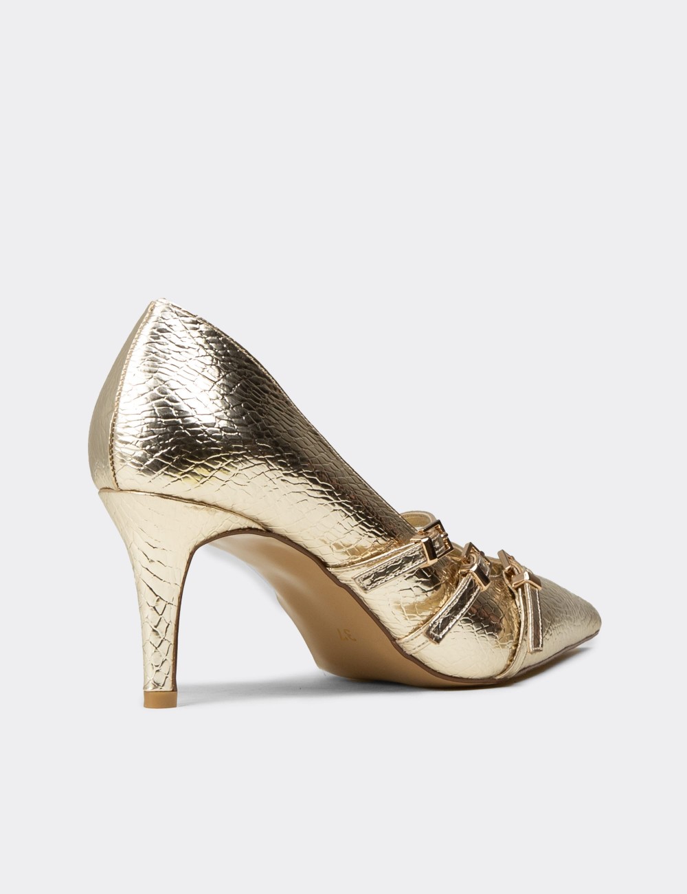 Women's Croc-Embossed Gold Heels with Buckle Accent - V4009ZALTM01