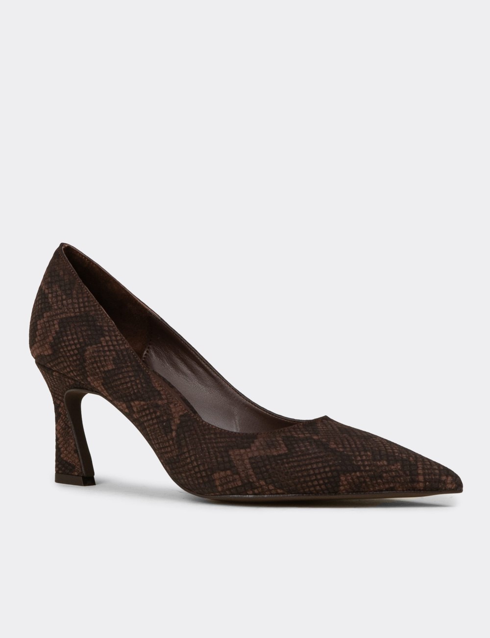 Women's Brown Snake Pattern Mid-Heel Stiletto - V4030ZKHVM01