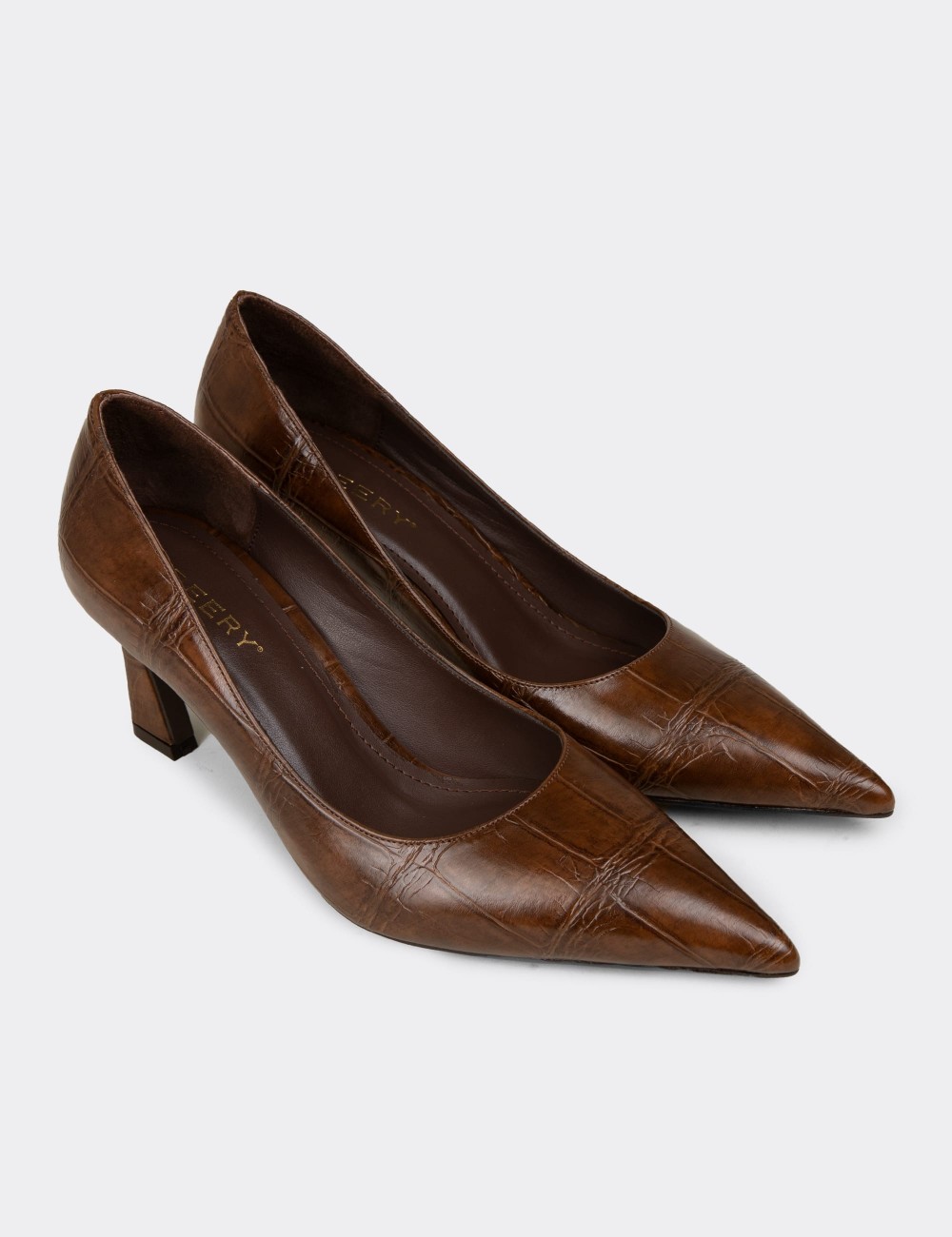 Women's Brown Crocodile Pattern Mid-Heel Stiletto - V4030ZKHVM02