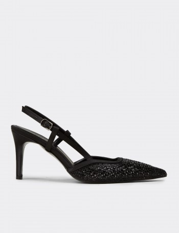 Women's Black Stone-Embellished Slingback Stiletto