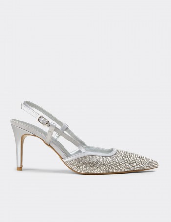 Women's Silver-Colored Slingback Stiletto with Stone Details