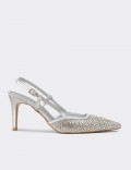 Women's Silver-Colored Slingback Stiletto with Stone Details