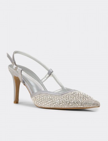 Women's Silver-Colored Slingback Stiletto with Stone Details