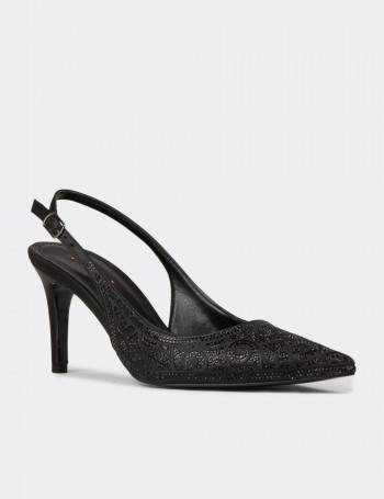 Women's Black Stone-Embellished Slingback Stiletto