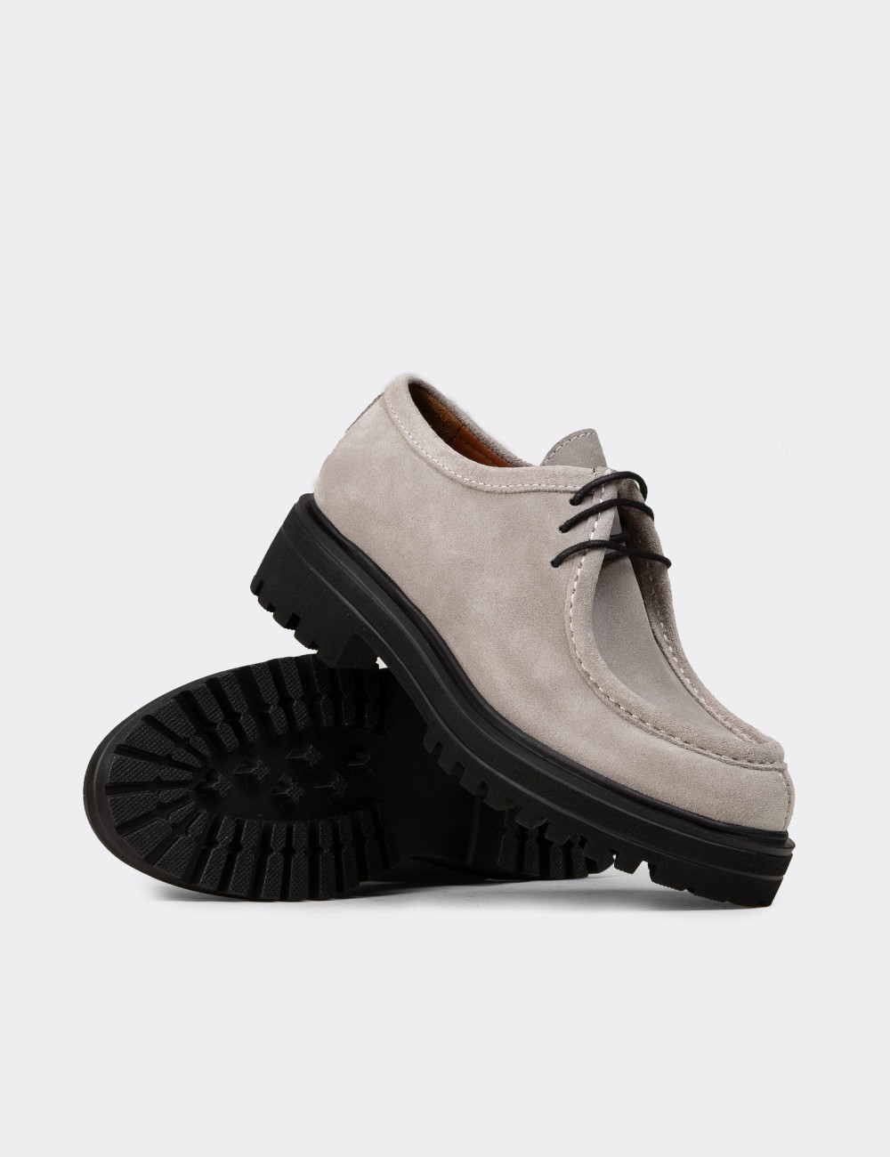 Women's Beige Suede Leather Lace-up Shoes - 02019ZBEJE01