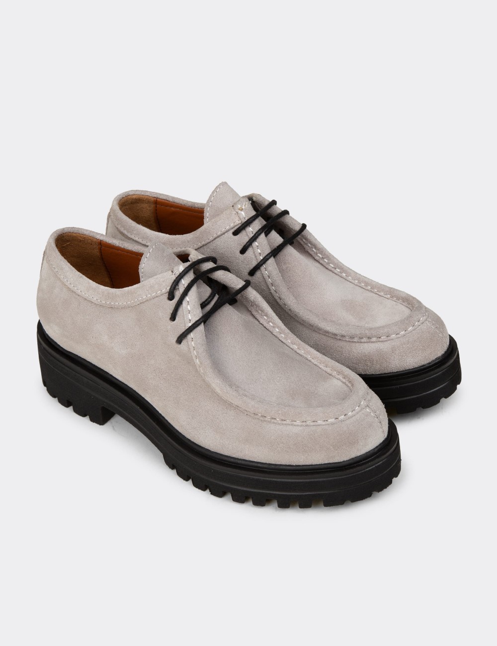 Women's Beige Suede Leather Lace-up Shoes - 02019ZBEJE01