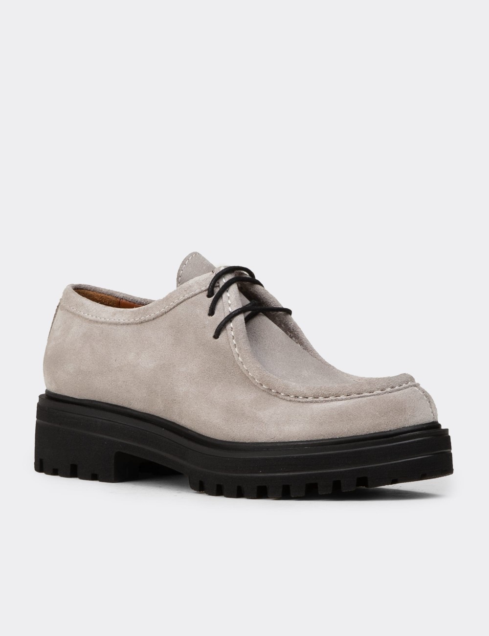 Women's Beige Suede Leather Lace-up Shoes - 02019ZBEJE01