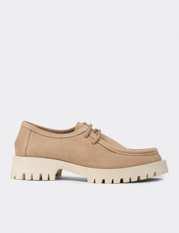 Women's Beige Suede Leather Lace-Up Footwear