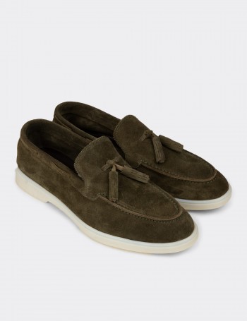 Men's Green Suede Leather Loafers with Tassels