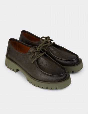 Women's Green Leather Lace-up Footwear