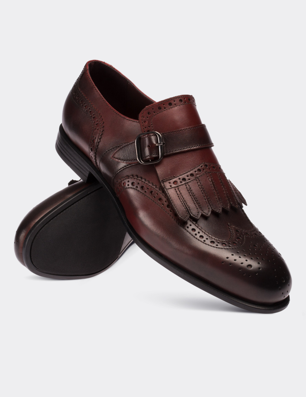 Burgundy  Leather Monk Straps Shoes - 01680MBRDC01