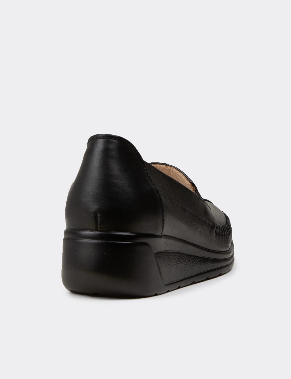 Women's Black Leather Comfort Wedge Slip-On - N0134ZSYHC01