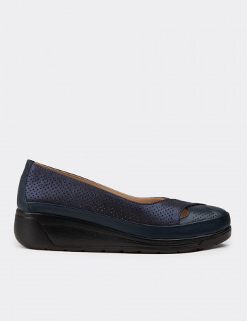 Women's Navy Leather Comfort Wedge Shoes