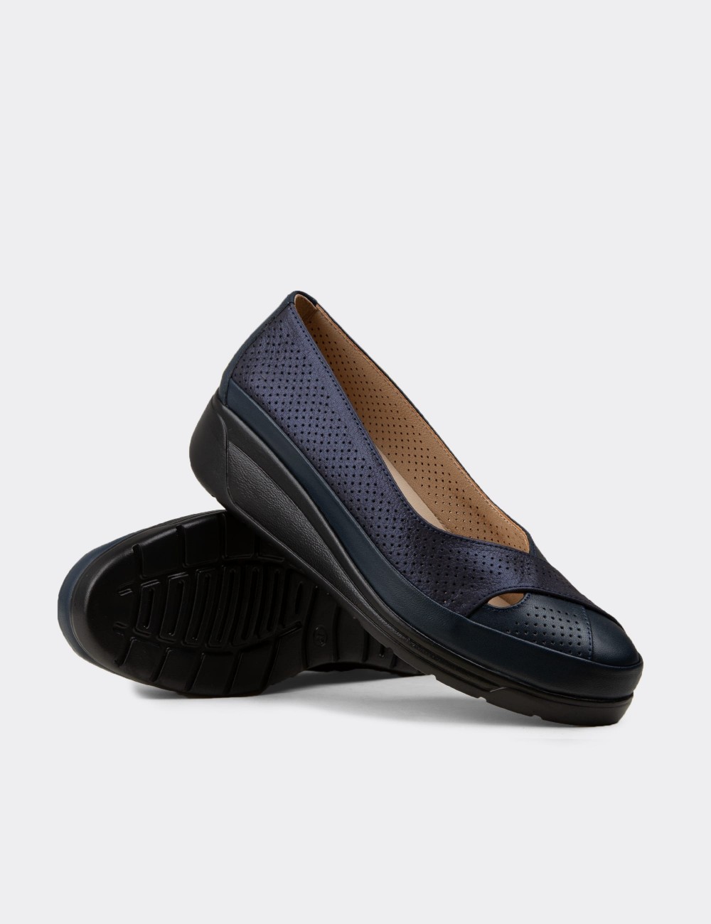 Women's Navy Leather Comfort Wedge Shoes - N1051ZLCVC01