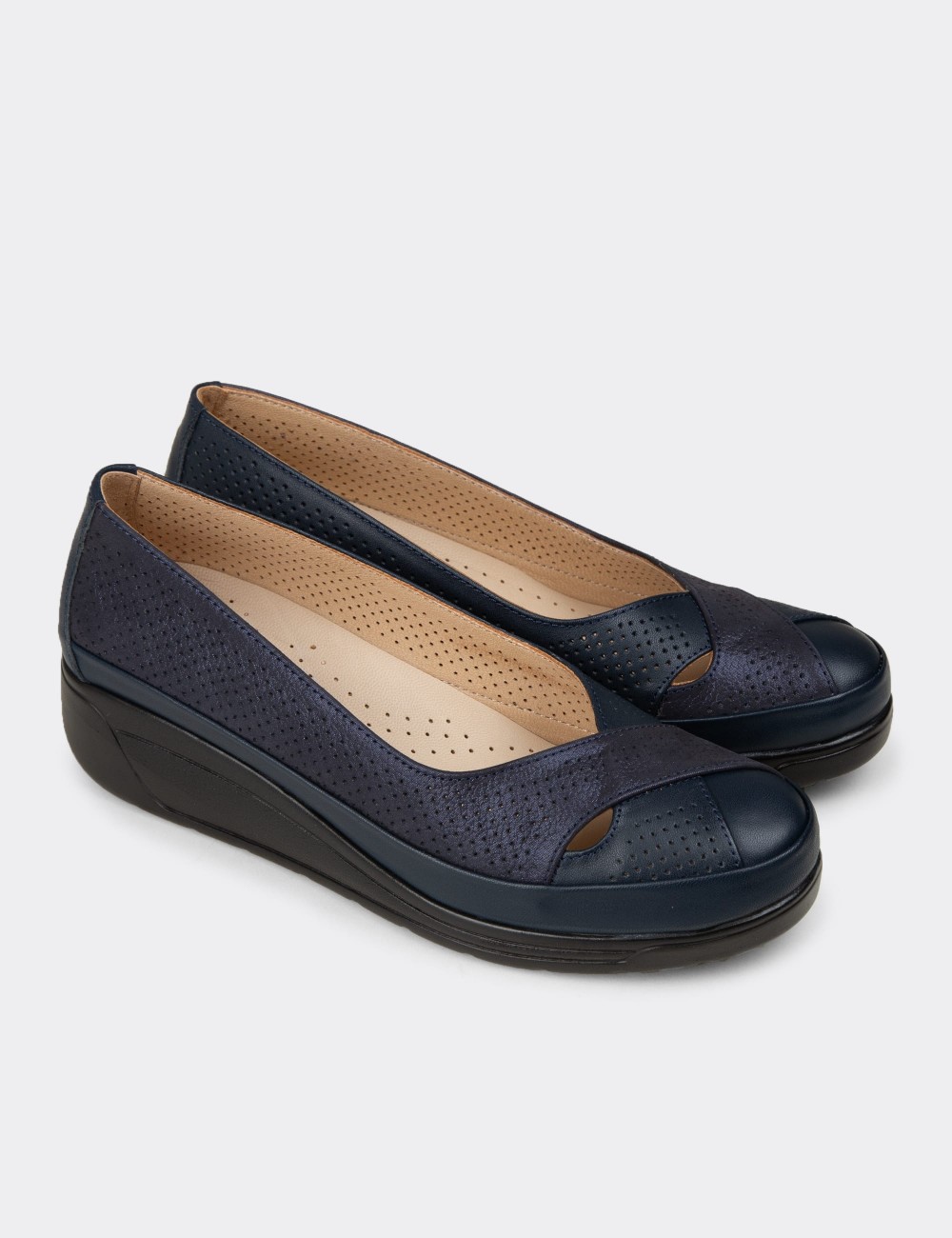 Women's Navy Leather Comfort Wedge Shoes - N1051ZLCVC01