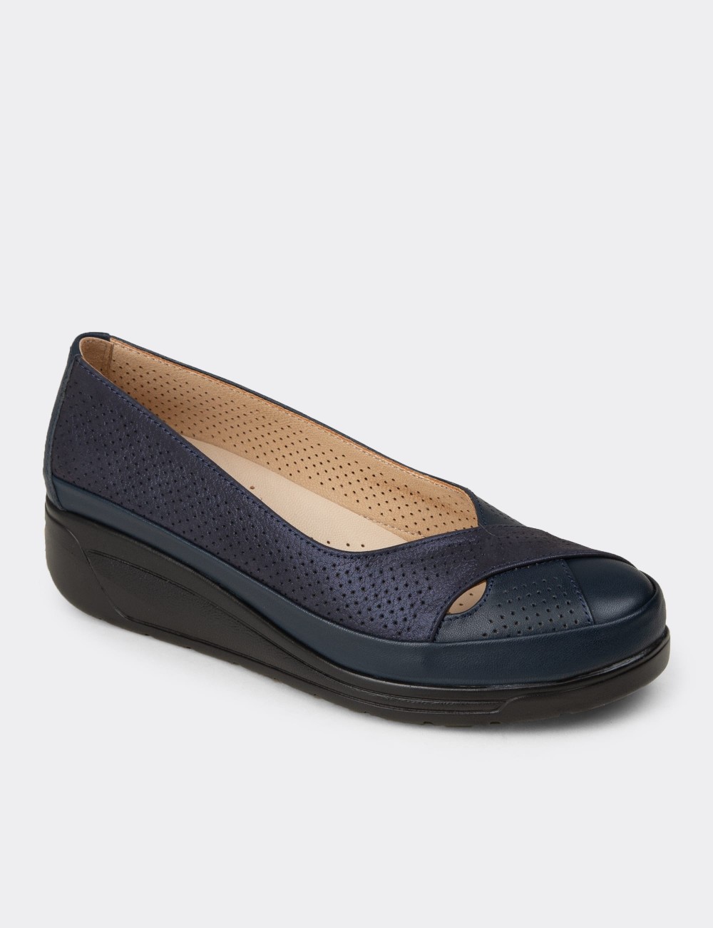 Women's Navy Leather Comfort Wedge Shoes - N1051ZLCVC01