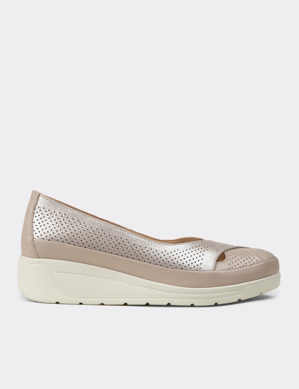 Women's Beige Leather Comfortable Wedge Flats - N1051ZBEJC01