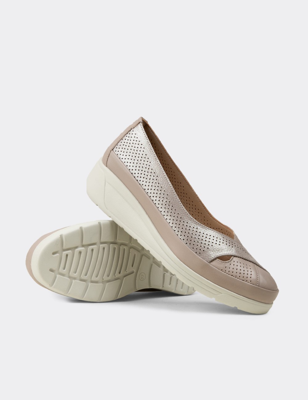 Women's Beige Leather Comfortable Wedge Flats - N1051ZBEJC01