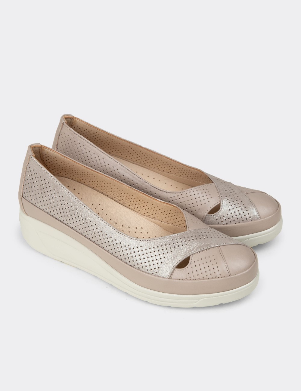 Women's Beige Leather Comfortable Wedge Flats - N1051ZBEJC01