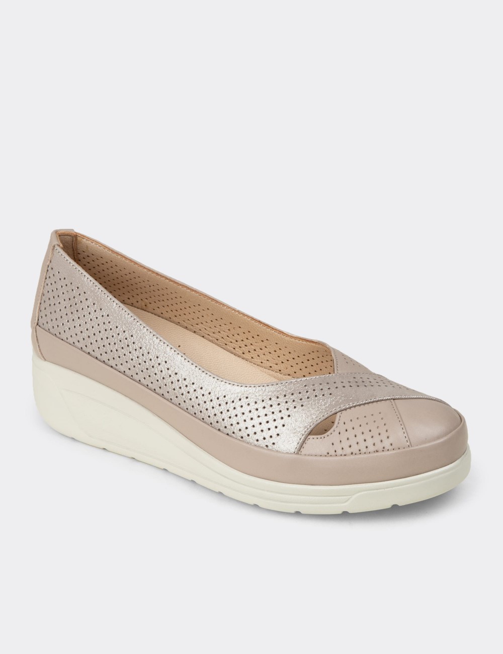 Women's Beige Leather Comfortable Wedge Flats - N1051ZBEJC01