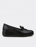Women's Black Leather Wedge Slip-On Shoes