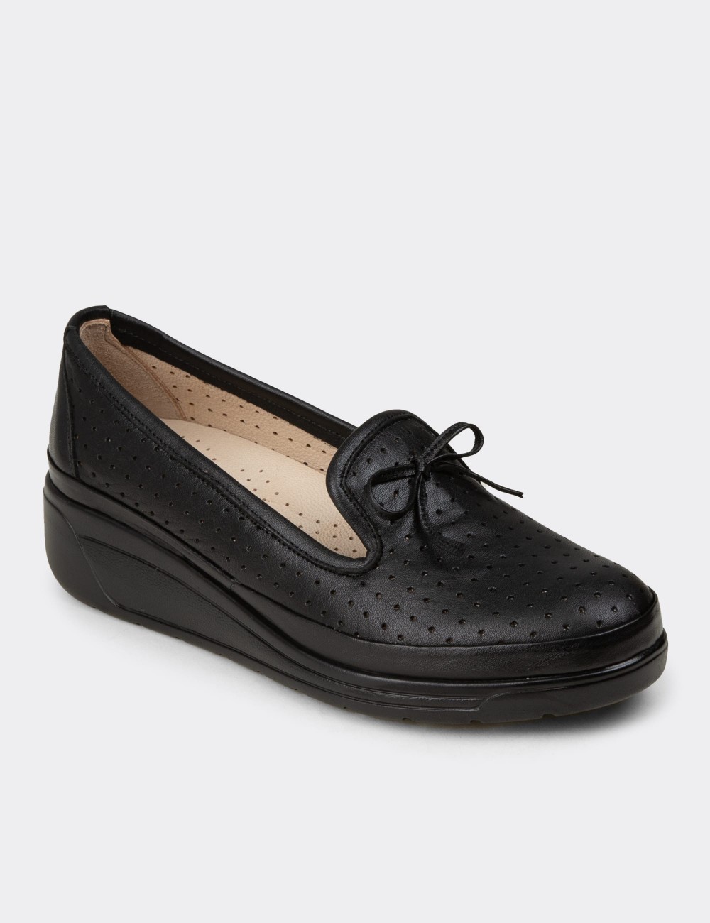 Women's Black Leather Wedge Slip-On Shoes - N3502ZSYHC01