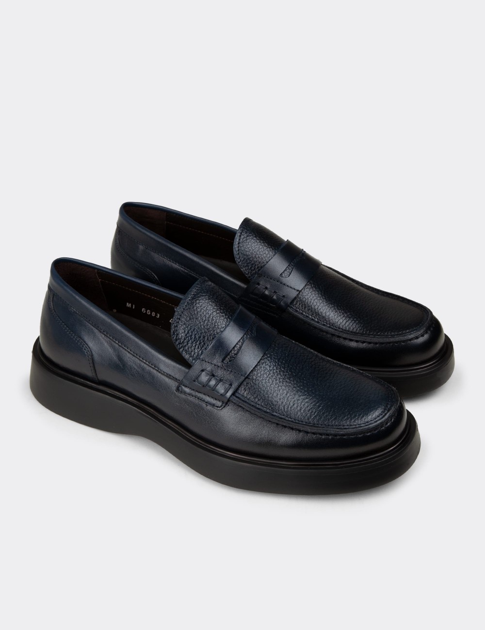 Men's Navy Leather Loafers - F6683MLCVP01