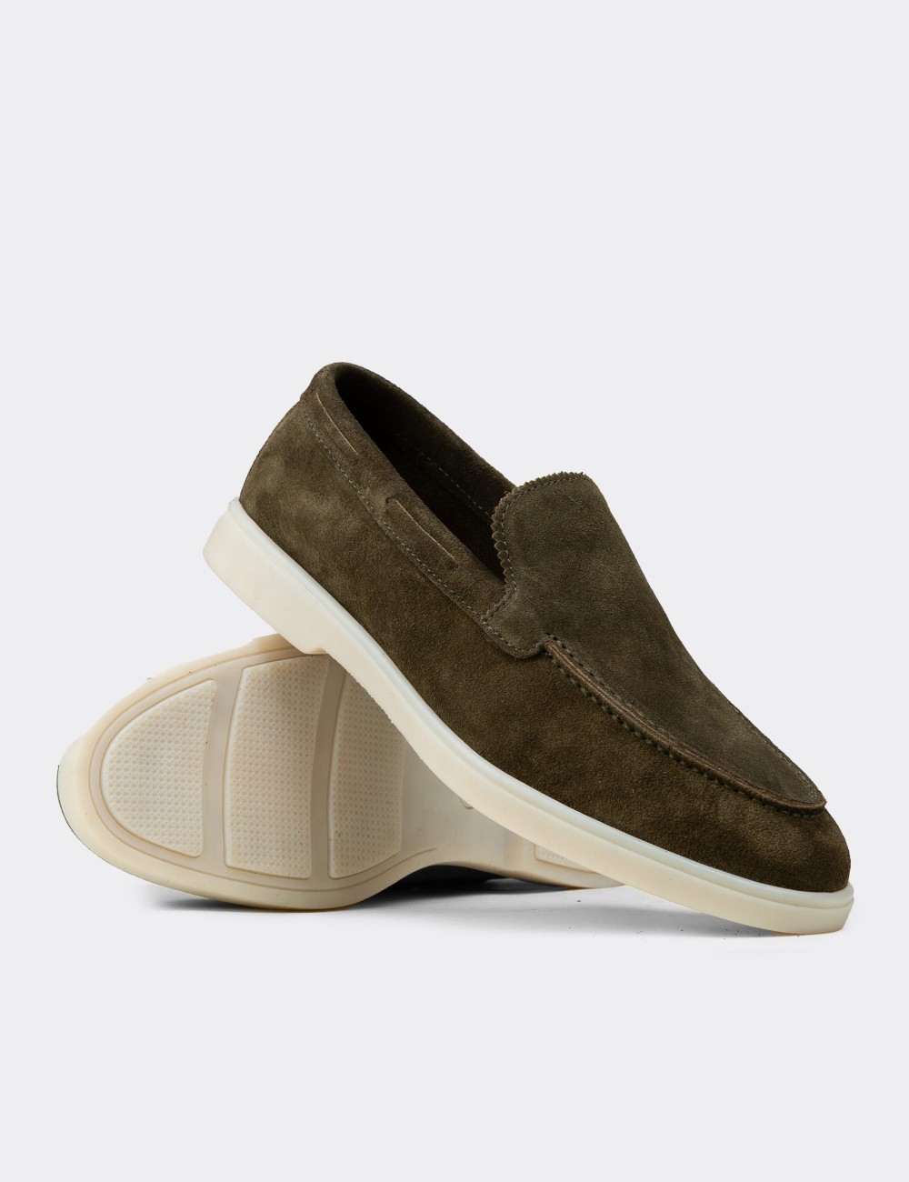 Men's Green Suede Leather Loafers - 02032MYSLC01