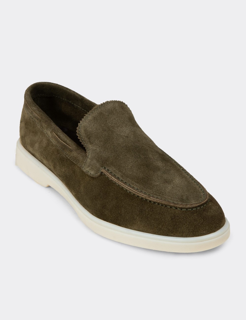 Men's Green Suede Leather Loafers - 02032MYSLC01