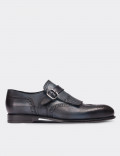 Navy  Leather Monk Straps Shoes