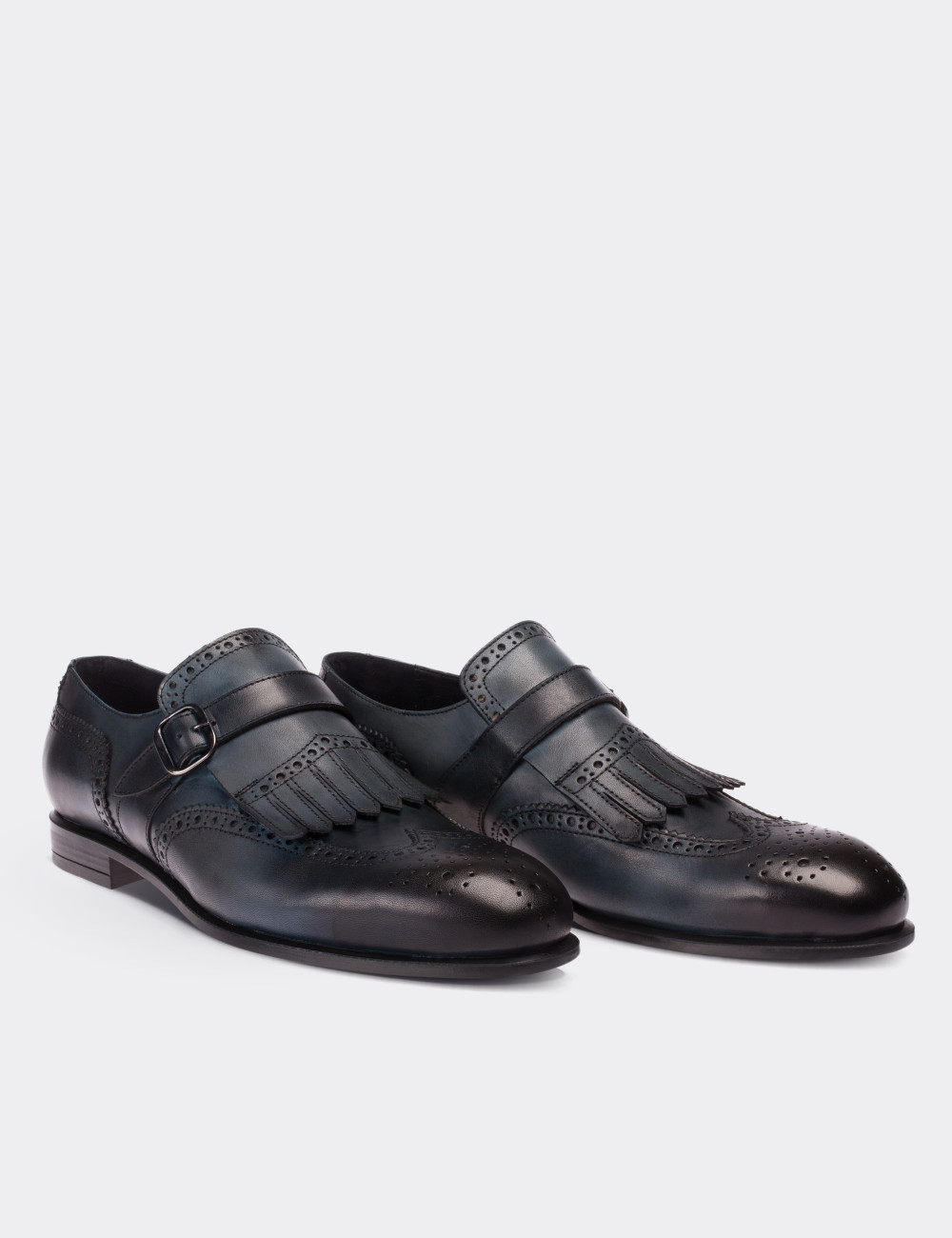 Navy  Leather Monk Straps Shoes - 01680MLCVC02