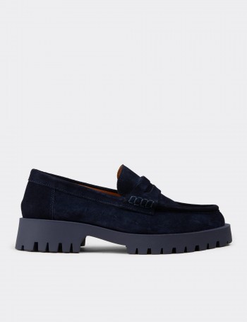 Women's Navy Suede Leather Loafers