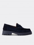 Women's Navy Suede Leather Loafers