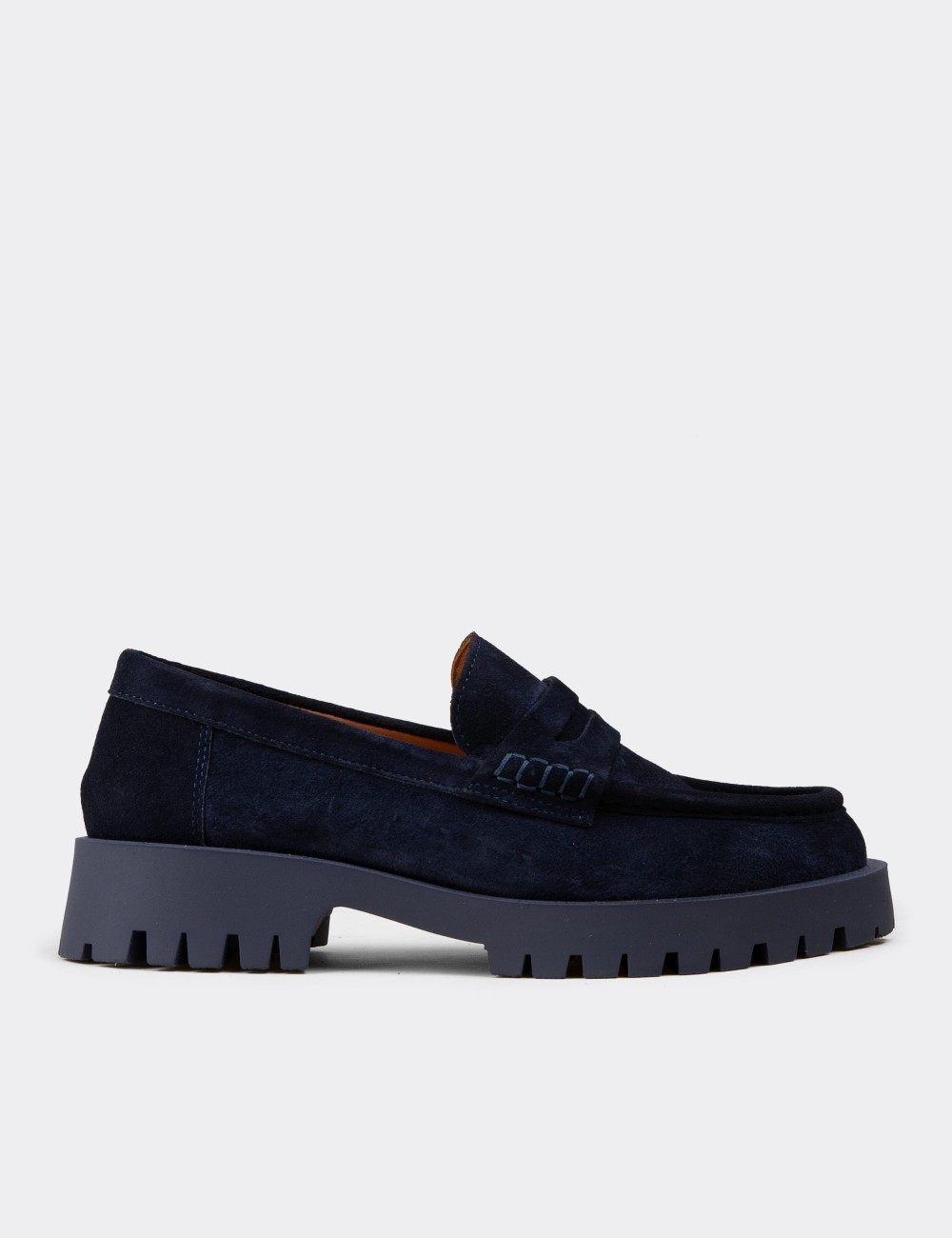 Women's Navy Suede Leather Loafers - 02034ZLCVC01