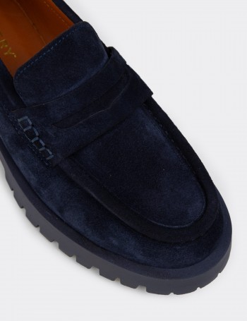 Women's Navy Suede Leather Loafers