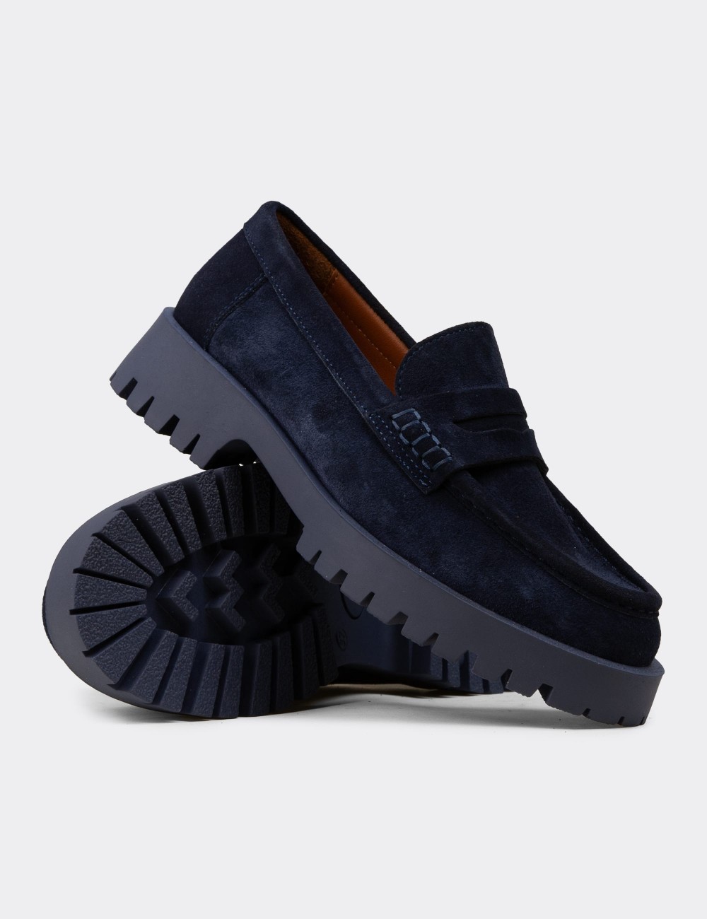 Women's Navy Suede Leather Loafers - 02034ZLCVC01