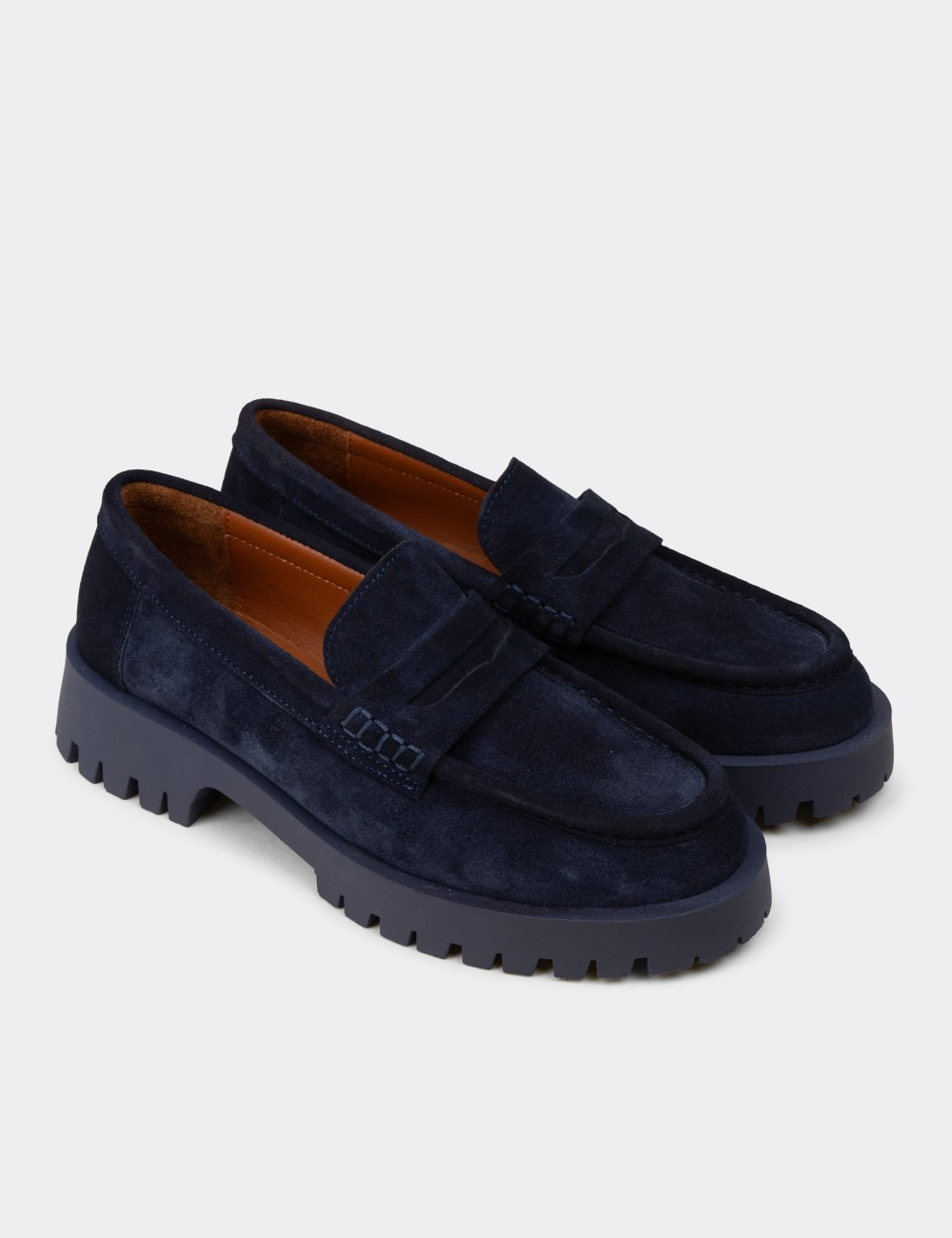 Women's Navy Suede Leather Loafers - 02034ZLCVC01