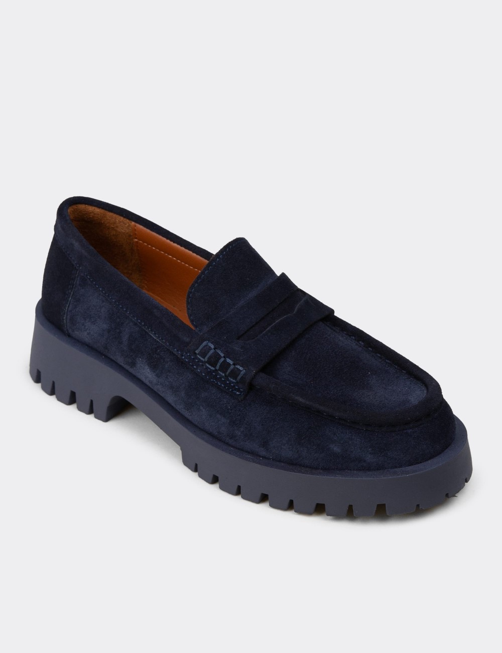Women's Navy Suede Leather Loafers - 02034ZLCVC01