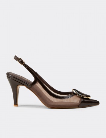 Women's Brown Slingback Pumps with Stone Detail