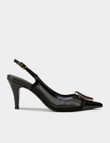 Women's Black Slingback Pumps with Stone Details