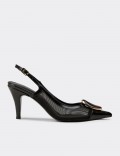 Women's Black Slingback Pumps with Stone Details