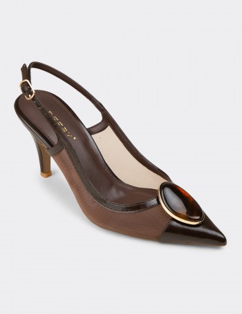 Women's Brown Slingback Pumps with Stone Detail