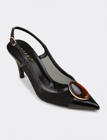 Women's Black Slingback Pumps with Stone Details