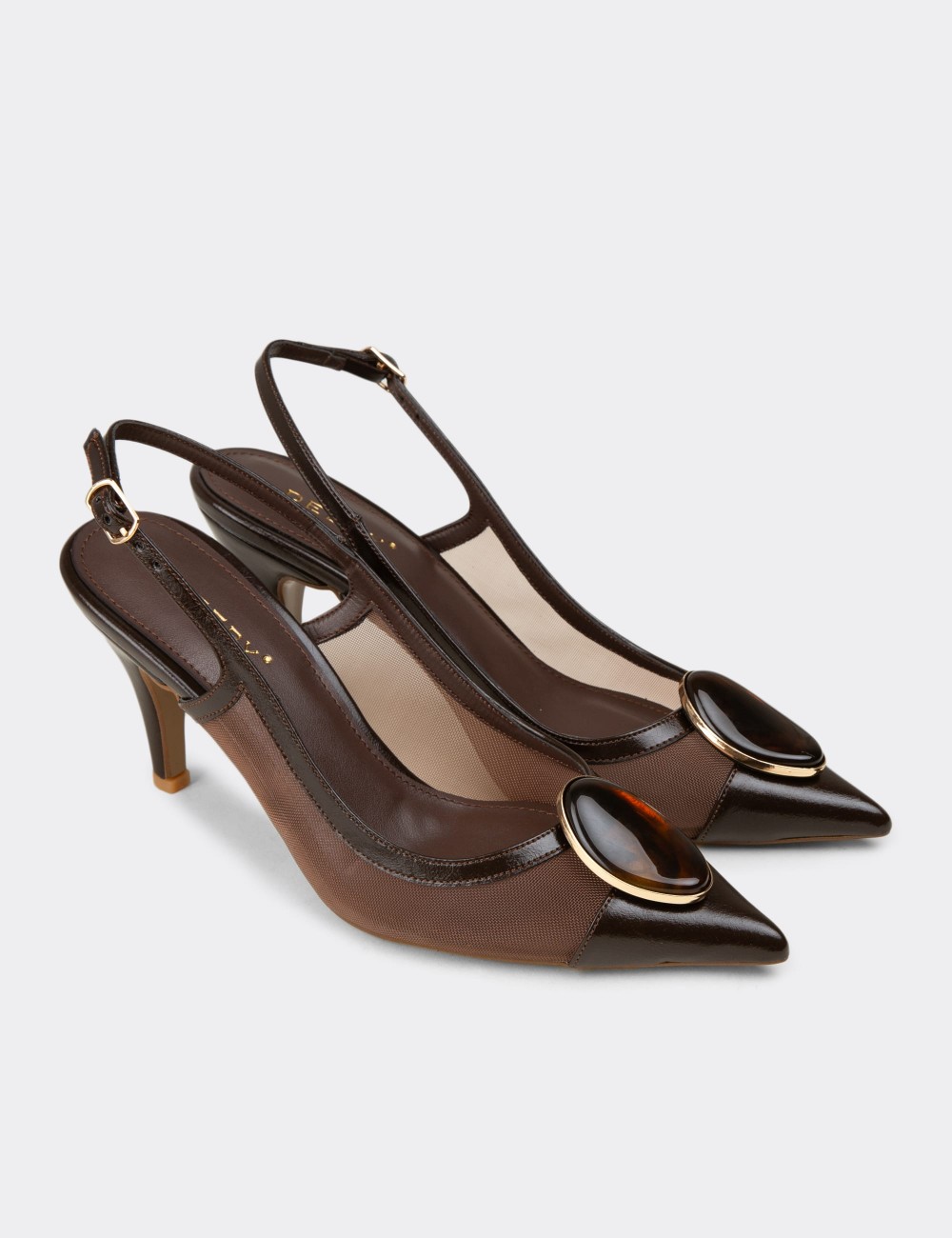 Women's Brown Slingback Pumps with Stone Detail - RD235ZKHVM01